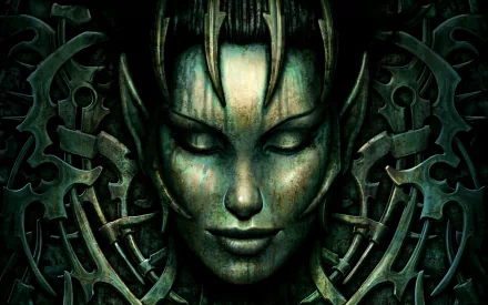 HD desktop wallpaper featuring a serene face from the video game Spellforce 2: Shadow Wars, surrounded by intricate metallic designs.