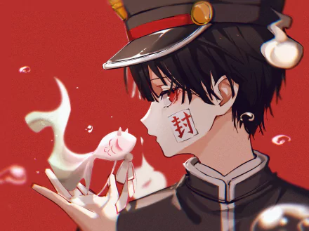 HD anime desktop wallpaper featuring Hanako-kun from Toilet-bound Hanako-kun, with a red background and a small ghostly figure floating above the character’s hand.