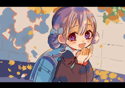 HD anime desktop wallpaper of Yashiro Nene (Toilet-bound Hanako-kun), smiling with hands to her face, schoolbag on her shoulder amid falling autumn leaves.