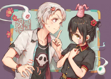 2K Quad HD PC desktop wallpaper of Yugi Amane and Yashiro Nene from Toilet-bound Hanako-kun — anime-style scene with Yugi teasing Nene, floral accents and a small pink ghost.