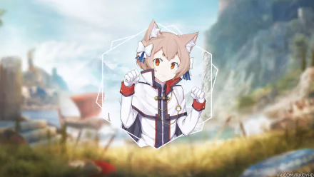 Felix Argyle (Re:Zero) anime cat-eared character in a picture-in-picture hex frame over a scenic blurred landscape — 4K Ultra HD PC desktop wallpaper/background.