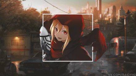 HD PC desktop wallpaper featuring Evileye from Overlord in anime style, with a picture-in-picture effect highlighting the character against a moody urban sunset backdrop.