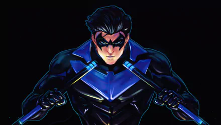 Nightwing (Dick Grayson, DC Comics) in black-and-blue suit grips escrima sticks, glaring forward against a dark background — 4K Ultra HD PC desktop wallpaper.