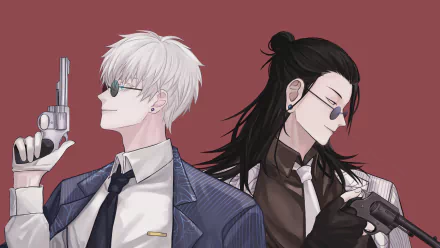 4K Ultra HD anime wallpaper featuring Satoru Gojo and Suguru Geto from Jujutsu Kaisen, both holding guns and dressed in suits against a muted red background.