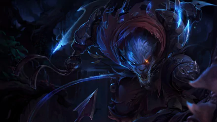 HD desktop wallpaper featuring Rengar from the video game League of Legends, poised for action in a dark, intense setting.