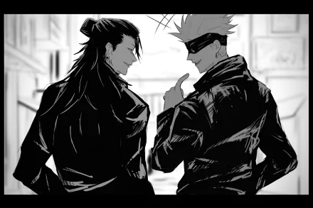 Black-and-white 4K Ultra HD anime wallpaper featuring Satoru Gojo and Suguru Geto from Jujutsu Kaisen, showcasing the iconic duo in stylish poses.