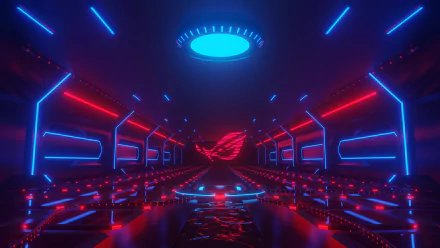 Futuristic Asus Republic of Gamers 3D technology-themed HD desktop wallpaper with vibrant blue and red neon lights.