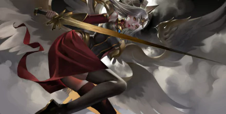 Kayle from League of Legends soars with a golden sword and angelic wings against stormy clouds — video game HD PC desktop wallpaper/background.