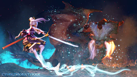 HD desktop wallpaper featuring Kamisato Ayaka from Genshin Impact, wielding a sword against a fiery dragon in a dynamic battle scene.