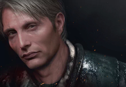 Close-up of a solemn male character from the video game Death Stranding, rendered as an HD PC desktop wallpaper and background with cinematic lighting and subtle sparks.