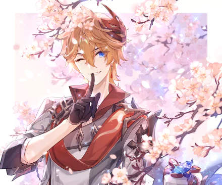Tartaglia (Childe) from Genshin Impact winking beneath cherry blossoms, finger to his lips — vibrant 2K Quad HD PC desktop wallpaper background.