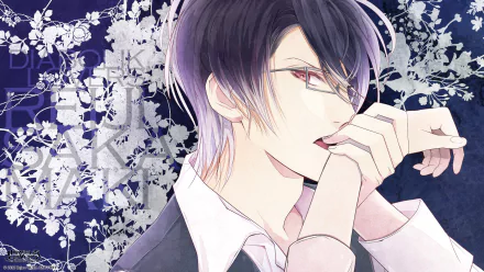 HD PC wallpaper of Reiji Sakamaki from Diabolik Lovers — anime close-up with glasses, dark suit, hand by mouth and white floral lace background.