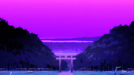 Anime-style night scene featuring a purple sky, a glowing torii gate at a shrine entrance, framed by dark trees, designed as a 4K Ultra HD PC desktop wallpaper.