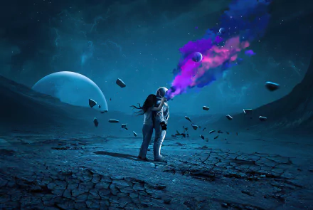 A sci-fi astronaut stands on a cracked alien landscape under a starry sky, releasing vibrant purple smoke, captured in stunning 4K Ultra HD detail for PC desktop wallpaper.