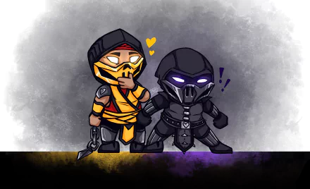 5K Ultra HD PC wallpaper: chibi Scorpion and Sub‑Zero from the Mortal Kombat video game, holding hands—Scorpion with hearts, Sub‑Zero looking surprised.