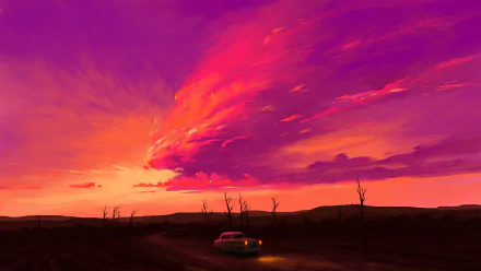 A vibrant artistic HD desktop wallpaper of an old car on a landscape under dramatic clouds and a fiery sunset sky.