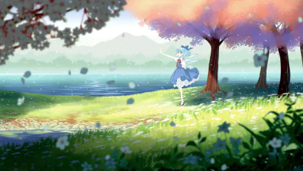 Cirno (Touhou) in anime style stands by a sunlit lakeshore beneath blooming trees in a vivid 8K Ultra HD PC desktop wallpaper background.