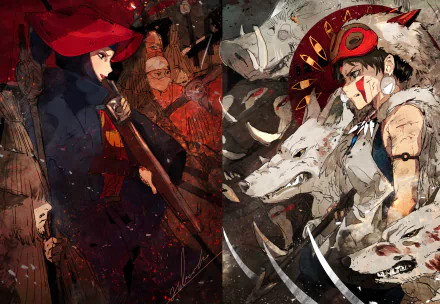 HD PC desktop wallpaper featuring Princess Mononoke in a dynamic anime style, showcasing the fierce warrior with tribal markings and a wolf companion.