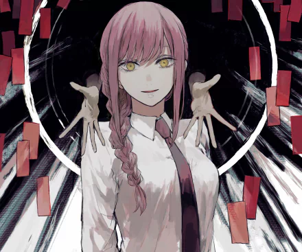 HD PC desktop wallpaper featuring Makima from the anime Chainsaw Man, showcasing her with intense yellow eyes, braided hair, and mysterious red paper tags floating around.