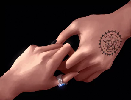 Close-up of two hands touching, one with a pentagram tattoo and the other wearing a blue ring, inspired by Sebastian Michaelis and Ciel Phantomhive from the anime Black Butler.