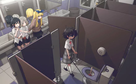 4K Ultra HD anime wallpaper featuring an anime girl in a school uniform holding a mop in a dimly lit restroom with three other girls observing from the doorway.