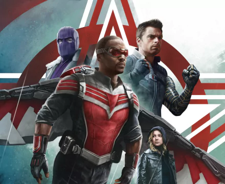 HD desktop wallpaper: The Falcon and the Winter Soldier poster — Falcon (Sam Wilson) foreground, Bucky Barnes/Winter Soldier, Baron Zemo and Sharon Carter on a stylized patriotic backdrop.