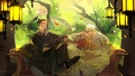 HD anime desktop wallpaper featuring Satoru Gojo and Suguru Geto from Jujutsu Kaisen, seated together in a serene, lantern-lit garden setting.