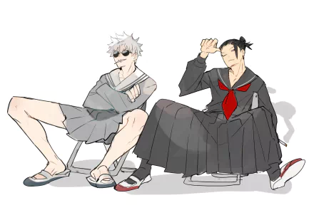 HD PC desktop wallpaper featuring anime characters Satoru Gojo and Suguru Geto from Jujutsu Kaisen, depicted in casual school uniforms with relaxed poses.