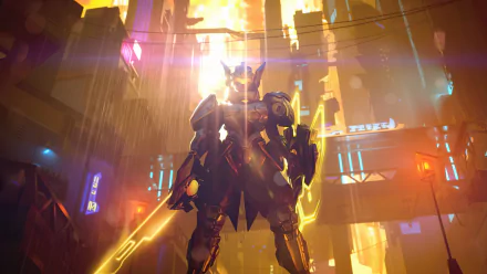 5K Ultra HD PC desktop wallpaper of League of Legends' Leona in glowing golden mech armor, standing with sword in a neon cyberpunk city backlit by a blazing sun.