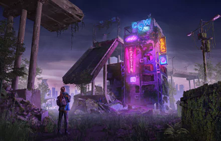 A 4K Ultra HD sci-fi post-apocalyptic scene depicting a lone figure facing a neon-lit, dilapidated building amidst ruins under a moody purple sky.
