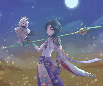 HD PC wallpaper of Genshin Impact video game character Xiao holding a green spear, yellow‑eyed with dark green/black hair, accompanied by white‑haired Paimon floating beside him.
