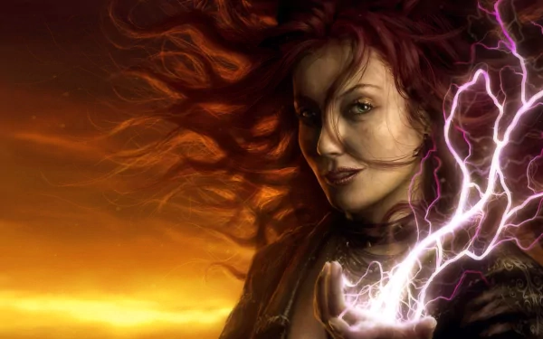 A mesmerizing red-haired witch conjures lightning against a dramatic sunset backdrop, blending elements of magic and fantasy in this striking HD wallpaper.