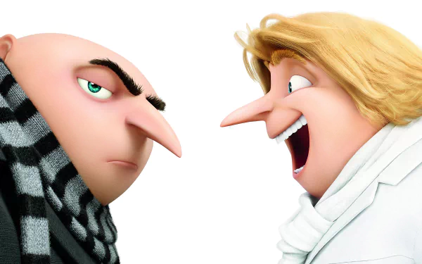 HD desktop wallpaper from Despicable Me 3 featuring characters Gru and Dru facing each other, expressing contrasting emotions.