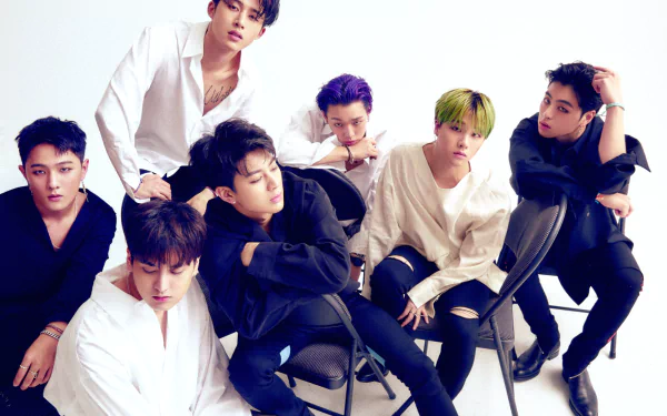 HD desktop wallpaper featuring iKON members in a stylish, coordinated photoshoot with a clean white background.