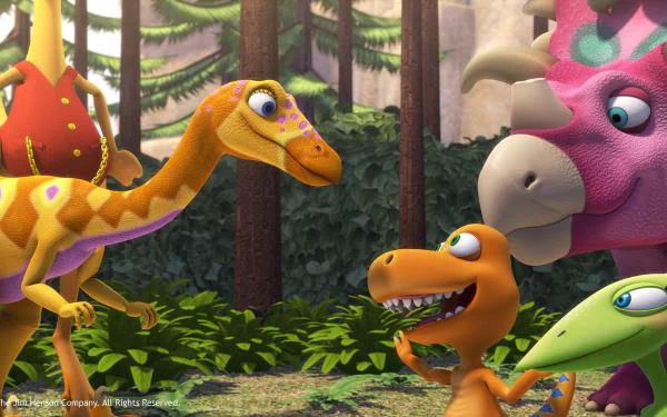 HD desktop wallpaper from Dinosaur Train, featuring animated dinosaur characters smiling in a lush forest setting.