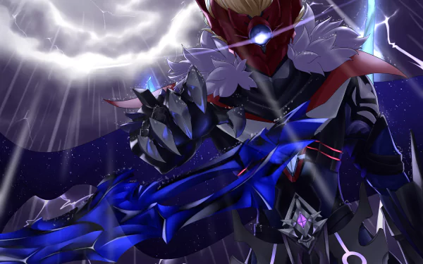 Tartaglia Childe from Genshin Impact powers up under a stormy night sky in this vibrant 4K Ultra HD PC desktop wallpaper.