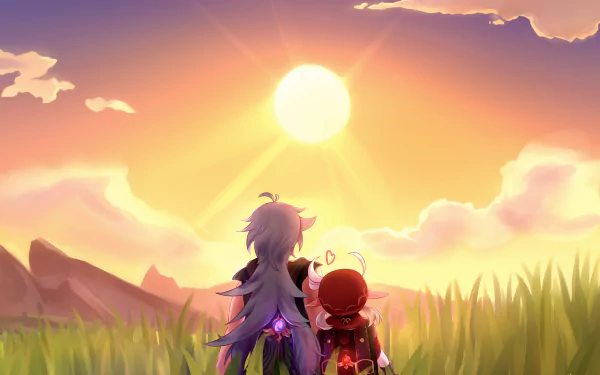 HD PC wallpaper of Razor and Klee from Genshin Impact watching a vibrant sunset over grassy hills in this video game-themed background.