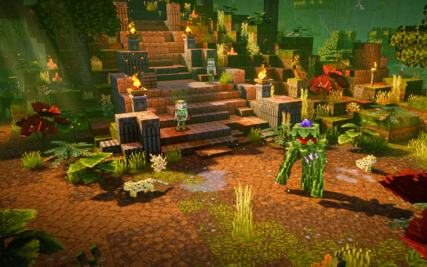 HD desktop wallpaper of Minecraft: Dungeons, featuring a lush environment with a character in the center, torches, and ancient ruins.