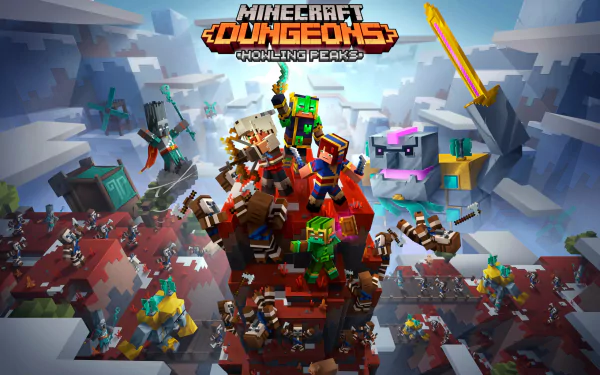 HD desktop wallpaper of Minecraft: Dungeons, featuring characters and items from the game against an icy backdrop.