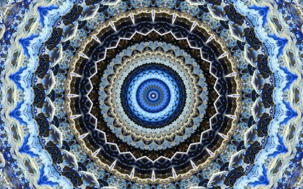 HD PC desktop wallpaper featuring an abstract kaleidoscope pattern with concentric circular designs in shades of blue, black, and white.