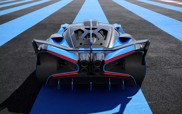 HD desktop wallpaper featuring the rear view of a Bugatti Bolide on a racetrack with vibrant blue and black stripes.