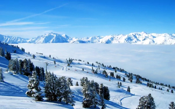 HD winter landscape wallpaper featuring a stunning view of snow-covered mountains and evergreen trees under a clear blue sky, creating a peaceful nature background.