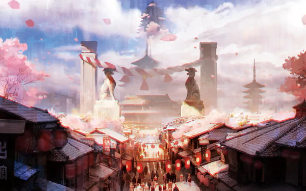 HD anime-style PC desktop wallpaper portraying a vibrant street scene with cherry blossoms and traditional architecture, inspired by hololive alternative and Virtual YouTuber themes.