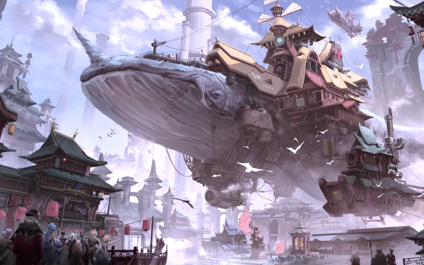 HD desktop wallpaper featuring characters from Genshin Impact (Qiqi, Zhongli, Xiao, Paimon, Lumine, Ganyu, Aether) and a majestic, floating mechanical whale in an elaborate, fantastical cityscape.