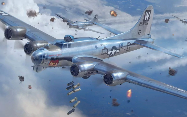 HD desktop wallpaper featuring a detailed Boeing B-17 Flying Fortress bomber warplane in a dramatic mid-air combat scene.