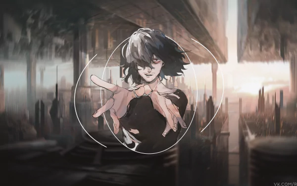 An intense 4K Ultra HD anime wallpaper featuring Shota Aizawa from My Hero Academia with dynamic motion effects and a blurred urban background.