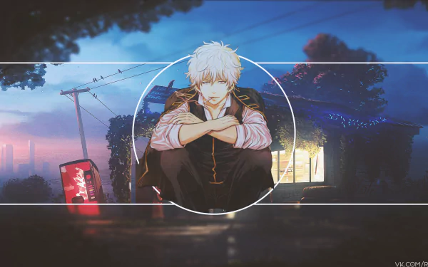 Gintoki Sakata (Gintama) anime 4K Ultra HD PC wallpaper: picture-in-picture circle framing a silver-haired samurai sitting on a twilight street background.