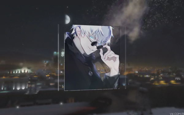 HD desktop wallpaper featuring Satoru Gojo from the anime Jujutsu Kaisen, framed in a picture-in-picture style against a nighttime cityscape background.