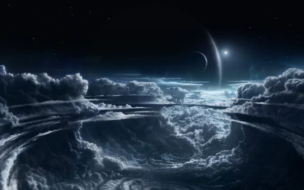 HD sci-fi desktop wallpaper depicting towering cumulonimbus clouds beneath a distant planet and star in deep space.