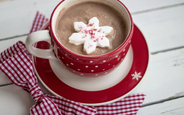 HD desktop wallpaper of a red polka-dot cup with coffee and a marshmallow snowflake on a wooden background, tagged with Coffee.